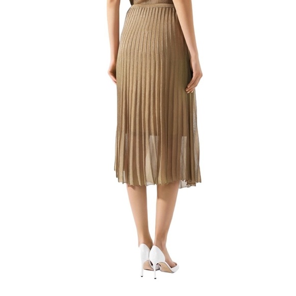 VINCE Pleated Gold Bronze Metallic Crochet Knit Midi Skirt Lined Size M - Picture 2 of 16